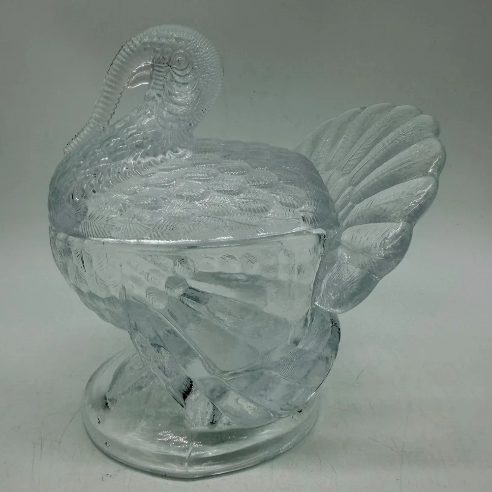 Clear Pressed Glass Turkey Candy Dish Thanksgiving Lidded Centerpiece Vintage